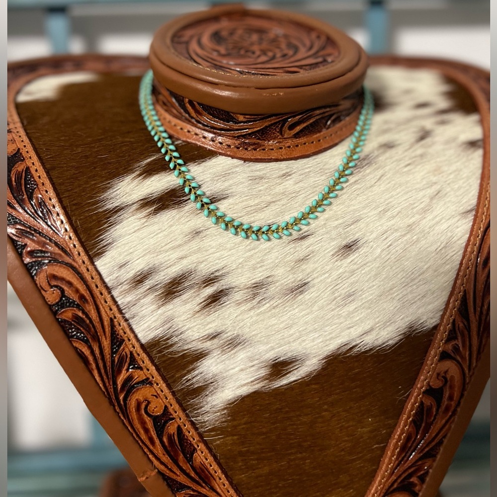 New USA made enamel turquoise leaf necklace bracelet earring set Western boho - Picture 4 of 6